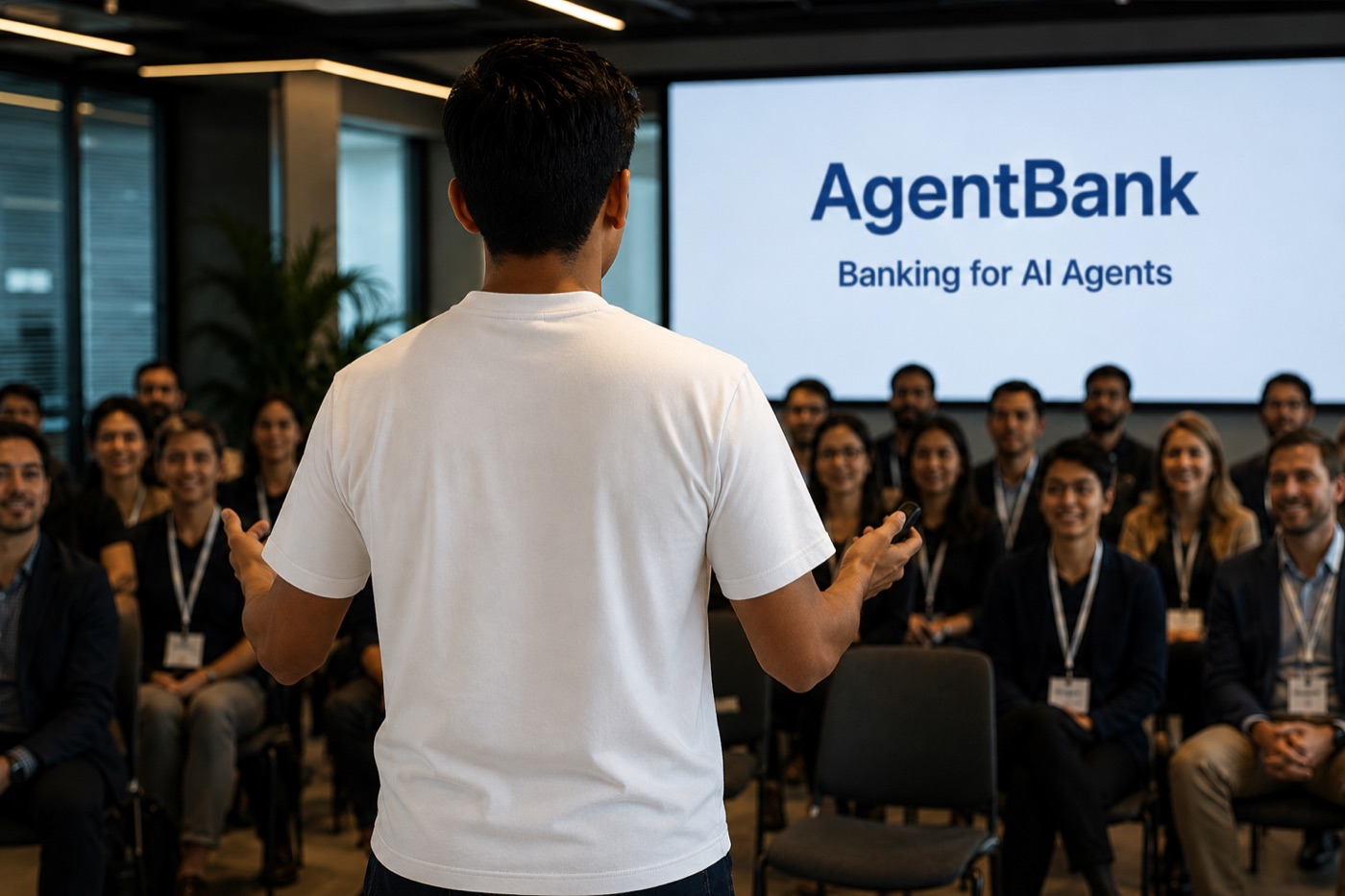 Trung pitching AgentBank to a room of investors, wearing the white tee